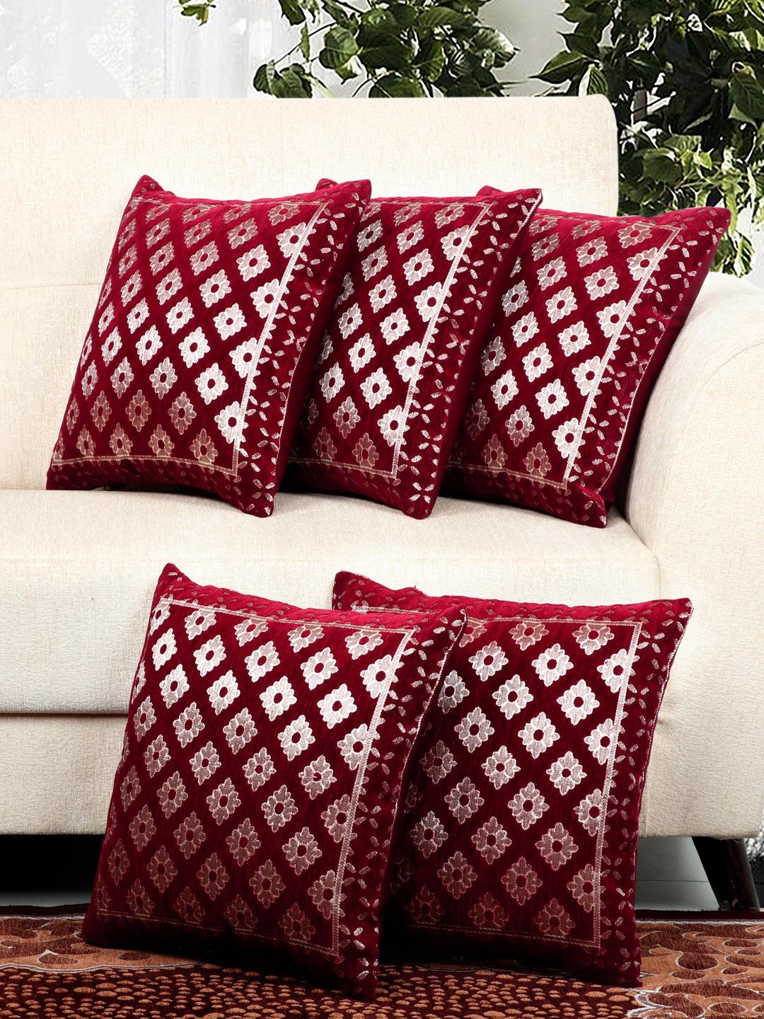 Maroon Botanica Cushion Cover (Pack of 5, 40*40 Cm, Maroon)