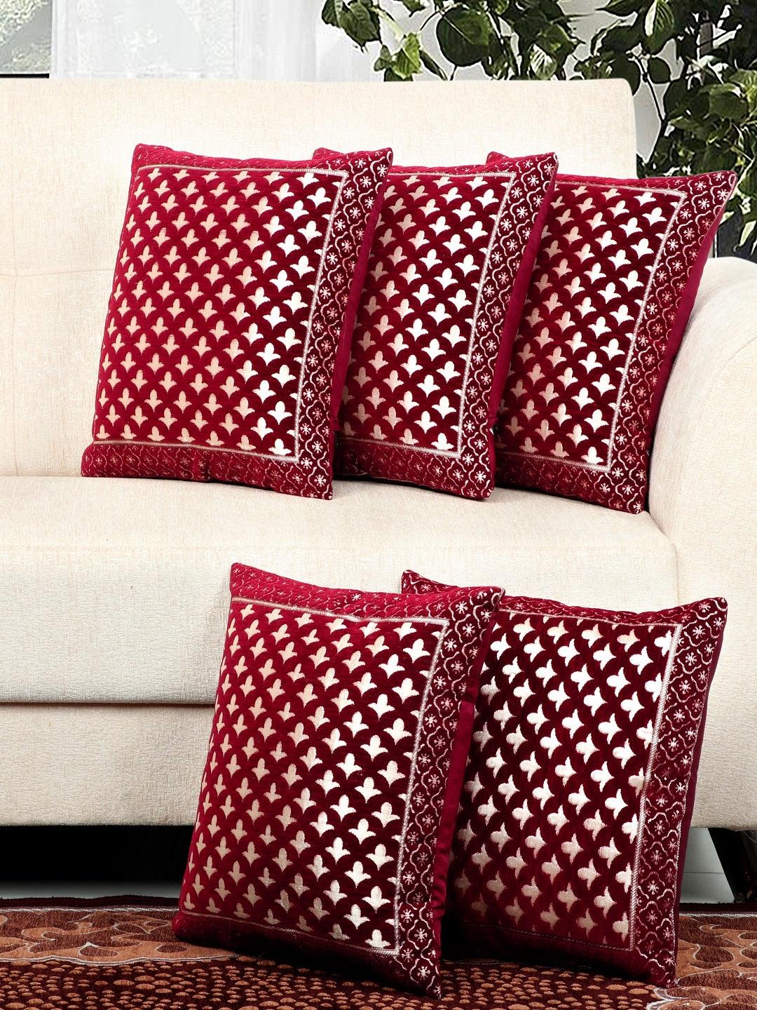 Ruby Damask Delight Cushion Cover (Pack of 5, 40*40 Cm, Maroon)